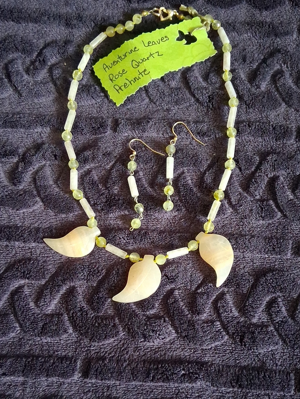 Handcrafted Leaf Necklace, Aventurine, Rose Quarts, Prehnite W/earrings